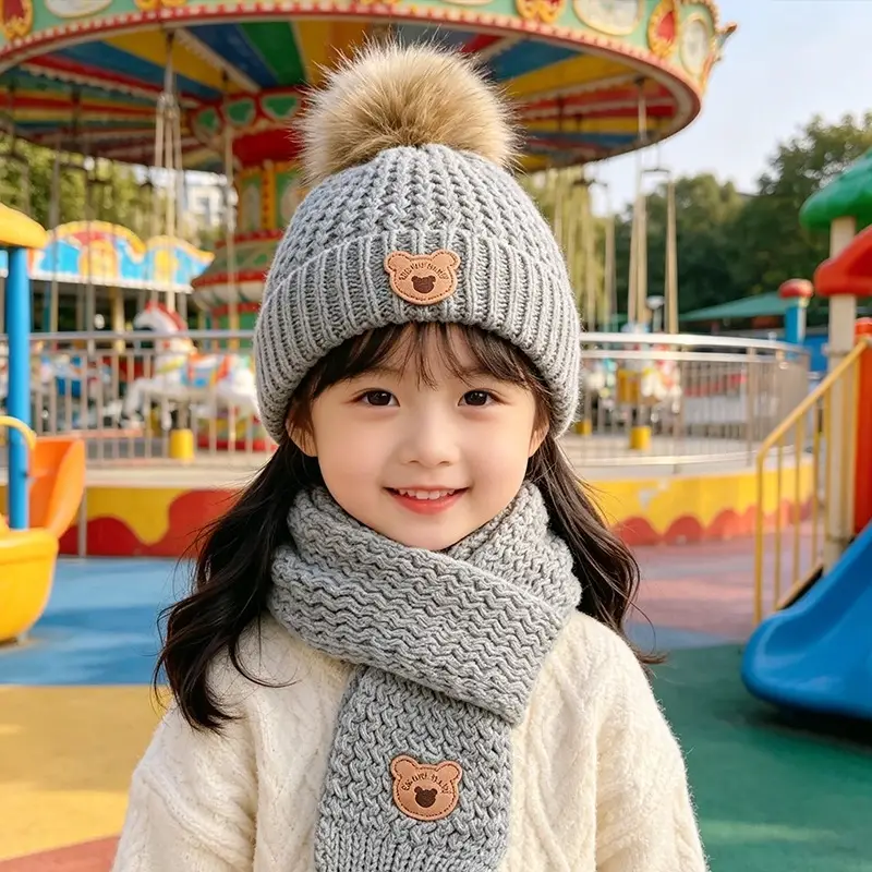 Children's hat, scarf, and gloves three-piece set, warm and fleece-lined, for boys and girls, bear woolen hat, thin autumn style