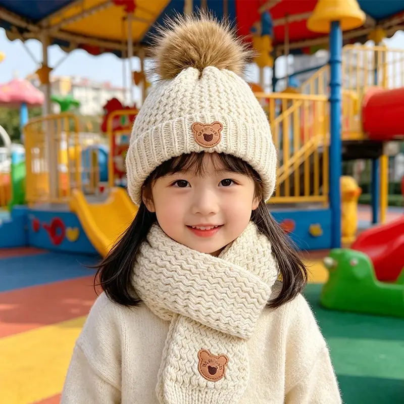 Children's hat, scarf, and gloves three-piece set, warm and fleece-lined, for boys and girls, bear woolen hat, thin autumn style