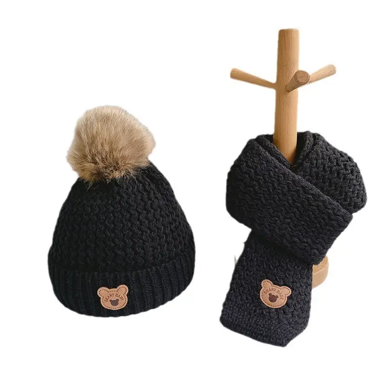 Children's hat, scarf, and gloves three-piece set, warm and fleece-lined, for boys and girls, bear woolen hat, thin autumn style