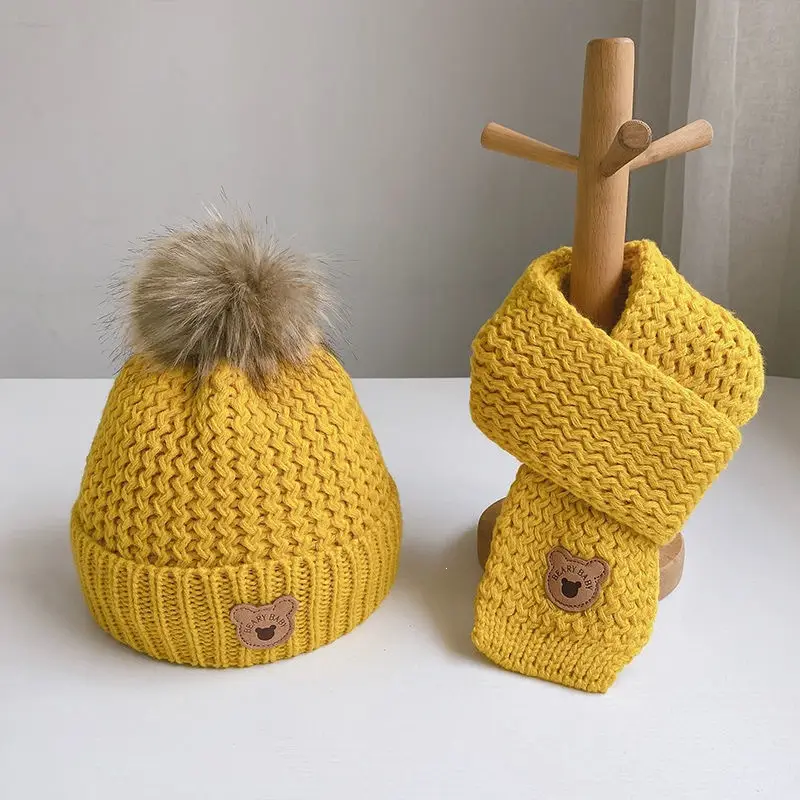 Children's hat, scarf, and gloves three-piece set, warm and fleece-lined, for boys and girls, bear woolen hat, thin autumn style