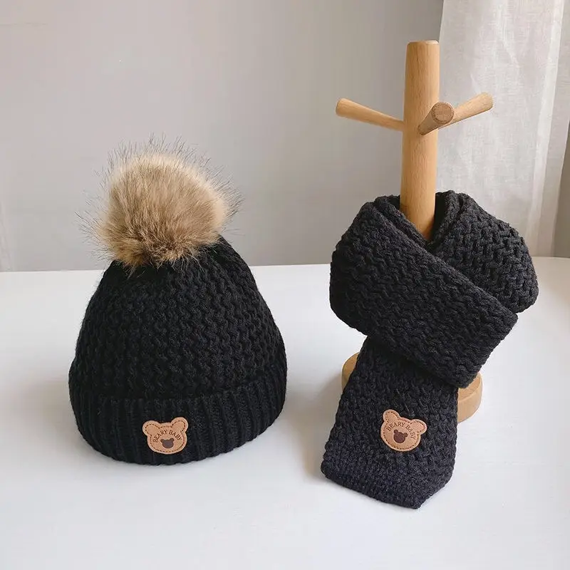 Children's hat, scarf, and gloves three-piece set, warm and fleece-lined, for boys and girls, bear woolen hat, thin autumn style
