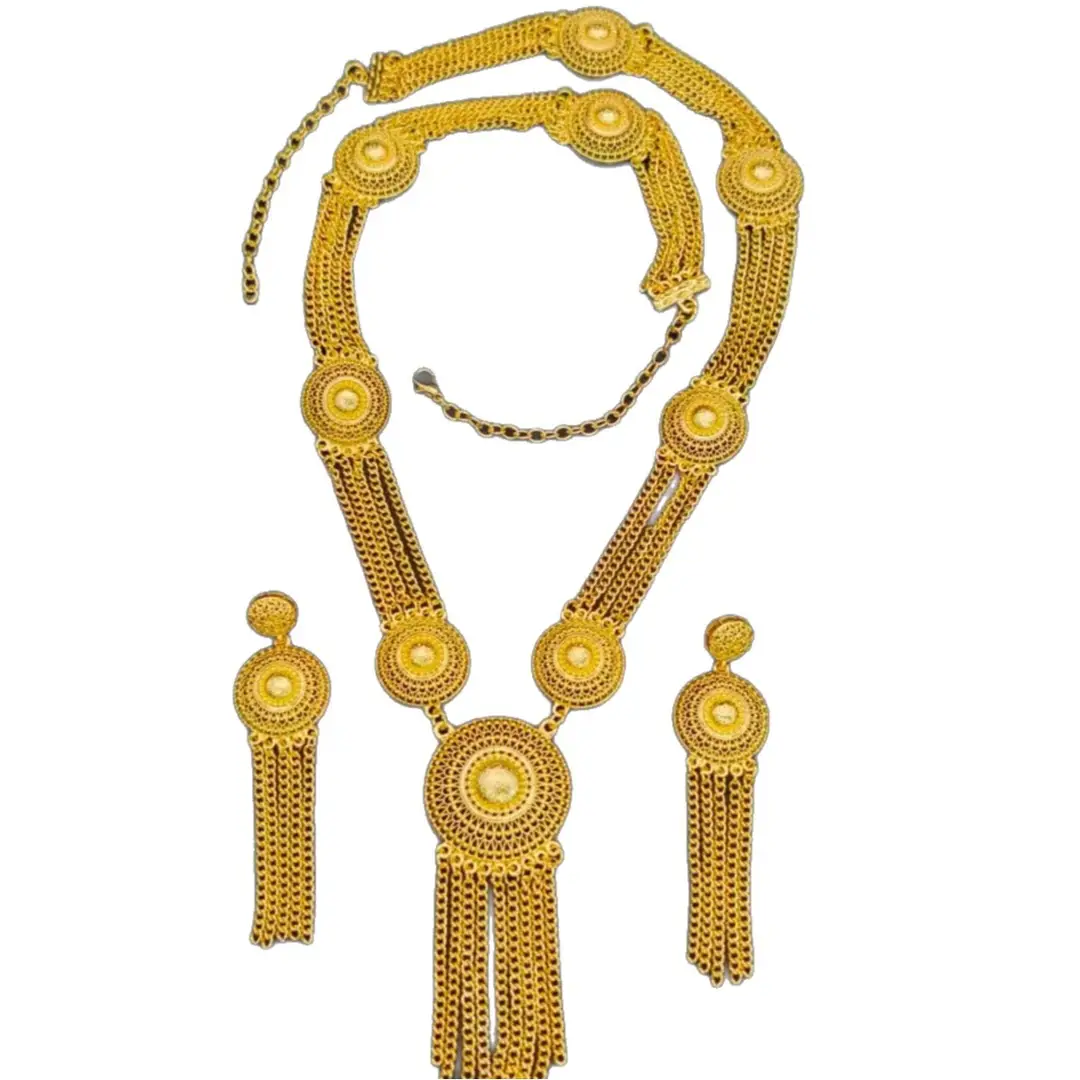 Cross-border heavy-duty tassel jewelry two-piece set, gold-plated long necklace and earrings, Middle Eastern and African wedding and banquet set
