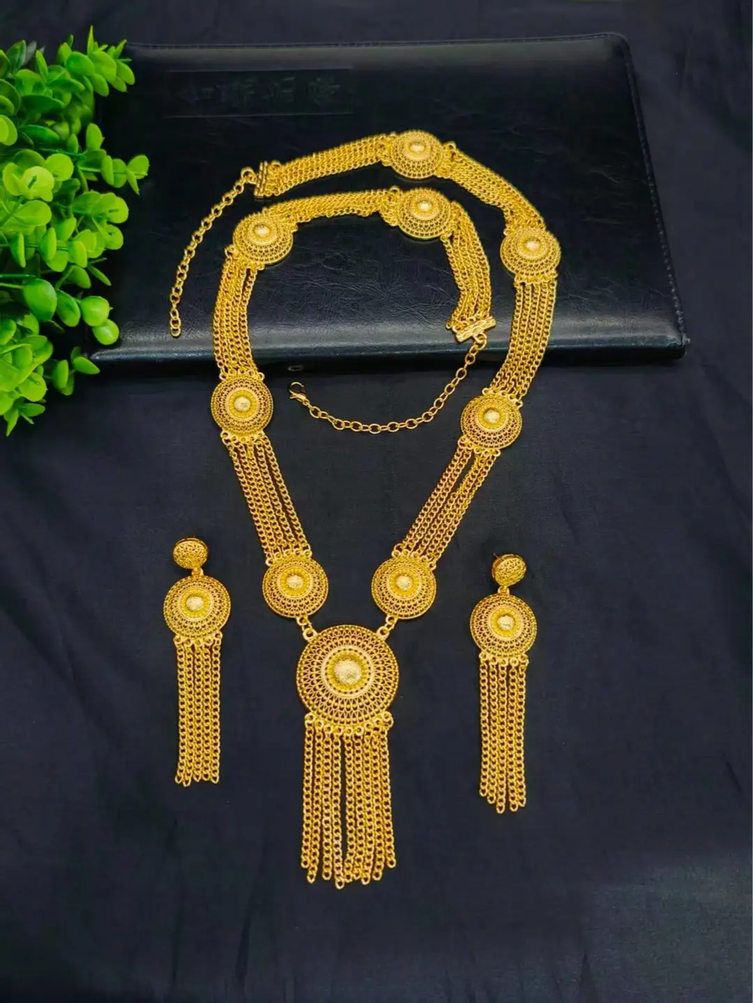 Cross-border heavy-duty tassel jewelry two-piece set, gold-plated long necklace and earrings, Middle Eastern and African wedding and banquet set — feature 6