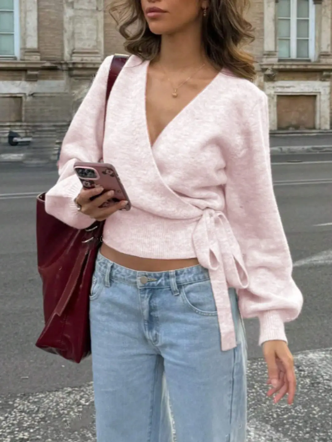 Cross-border women's European and American style cross V-neck slim-fit base knit top, autumn and winter tie-waist short slimming top — feature 22