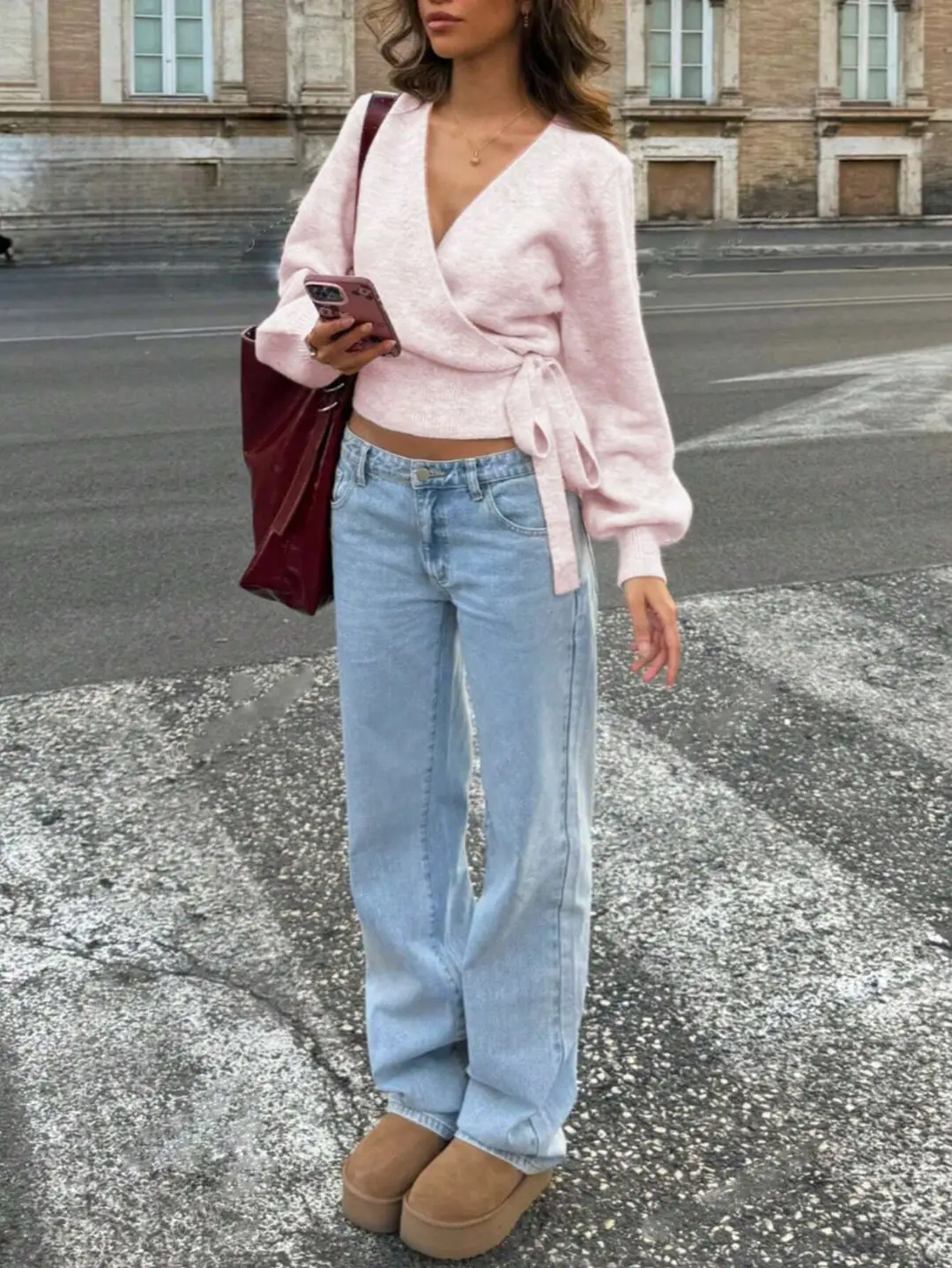 Cross-border women's European and American style cross V-neck slim-fit base knit top, autumn and winter tie-waist short slimming top — feature 23