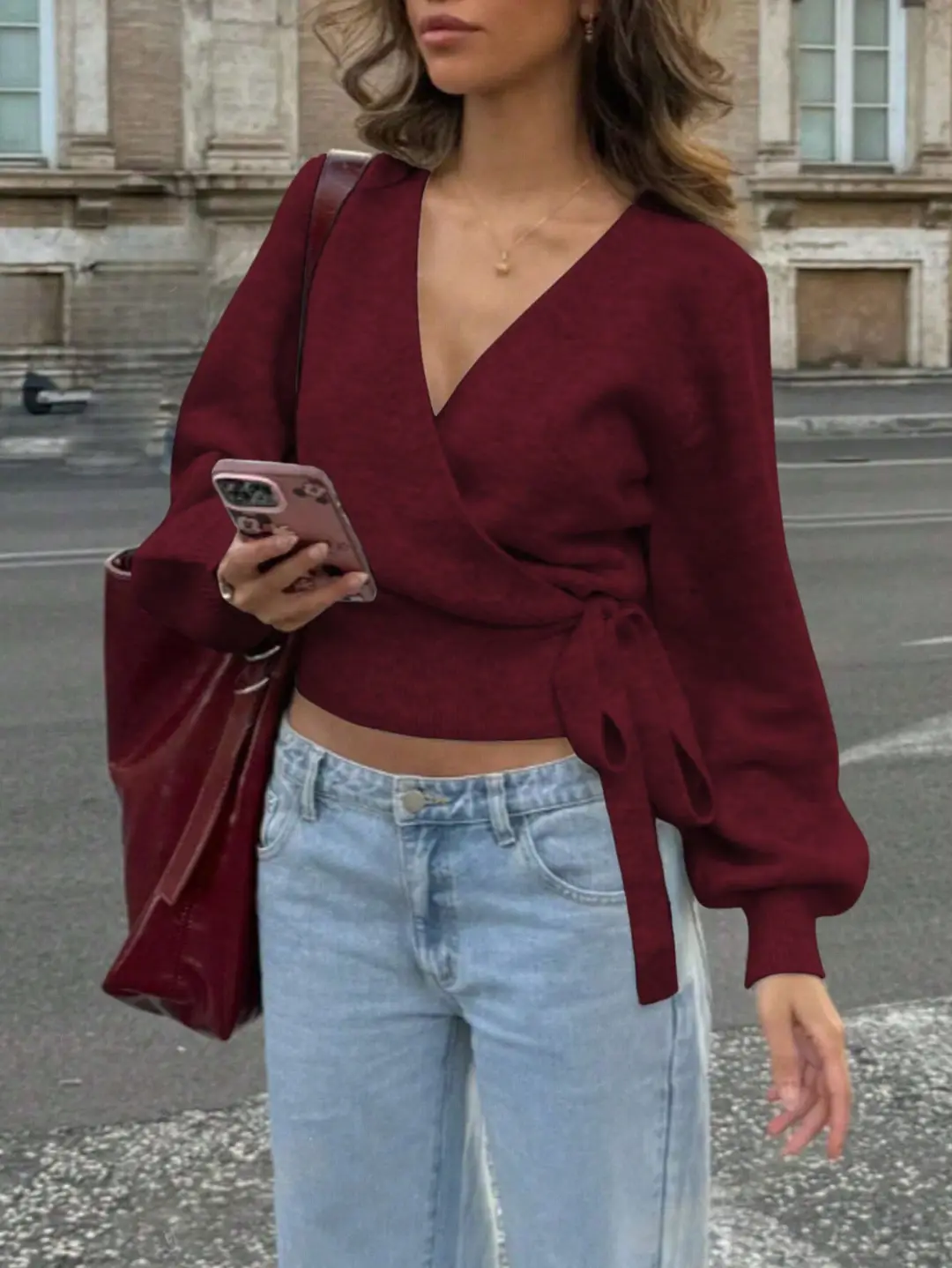 Cross-border women's European and American style cross V-neck slim-fit base knit top, autumn and winter tie-waist short slimming top — feature 25