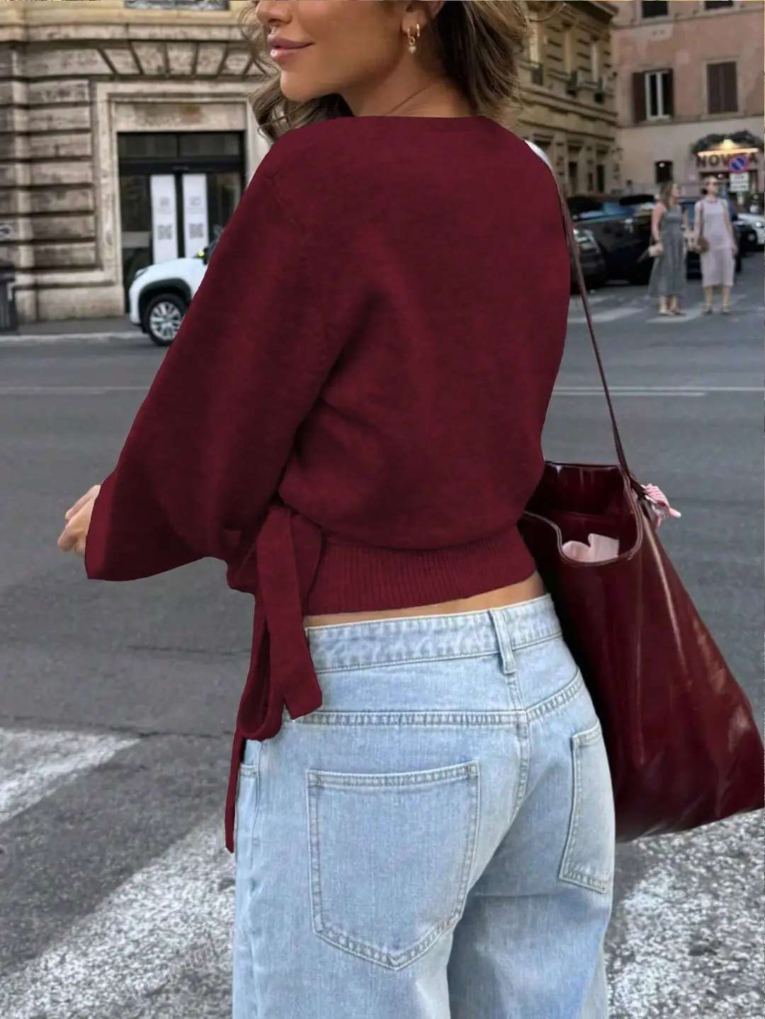 Cross-border women's European and American style cross V-neck slim-fit base knit top, autumn and winter tie-waist short slimming top — feature 26