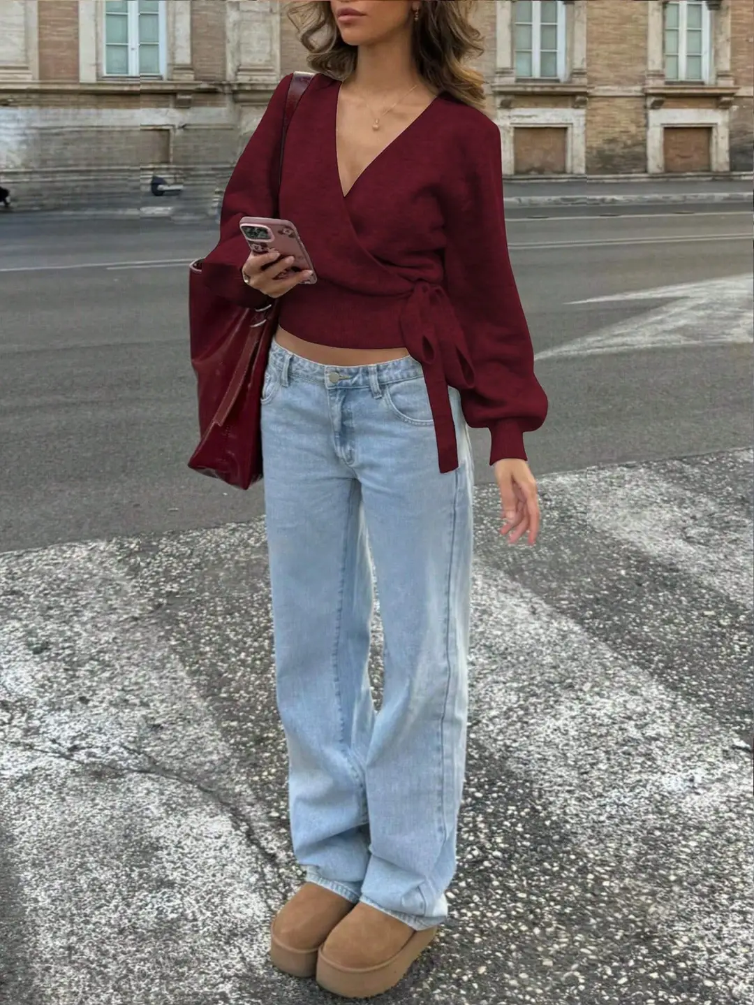 Cross-border women's European and American style cross V-neck slim-fit base knit top, autumn and winter tie-waist short slimming top — feature 28