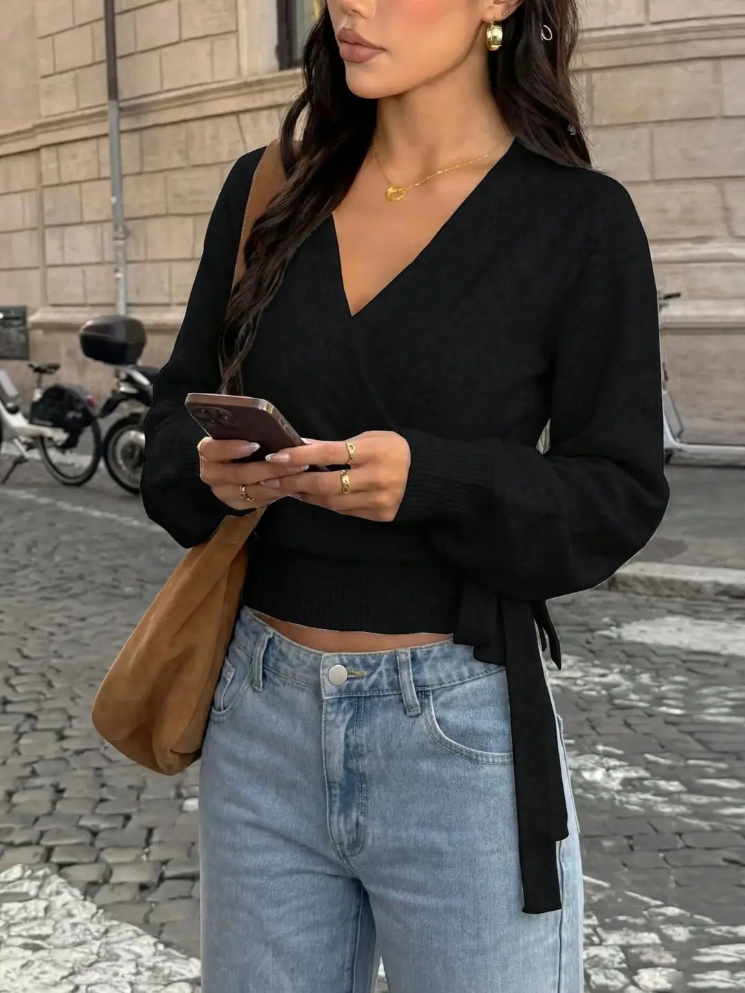 Cross-border women's European and American style cross V-neck slim-fit base knit top, autumn and winter tie-waist short slimming top — feature 29