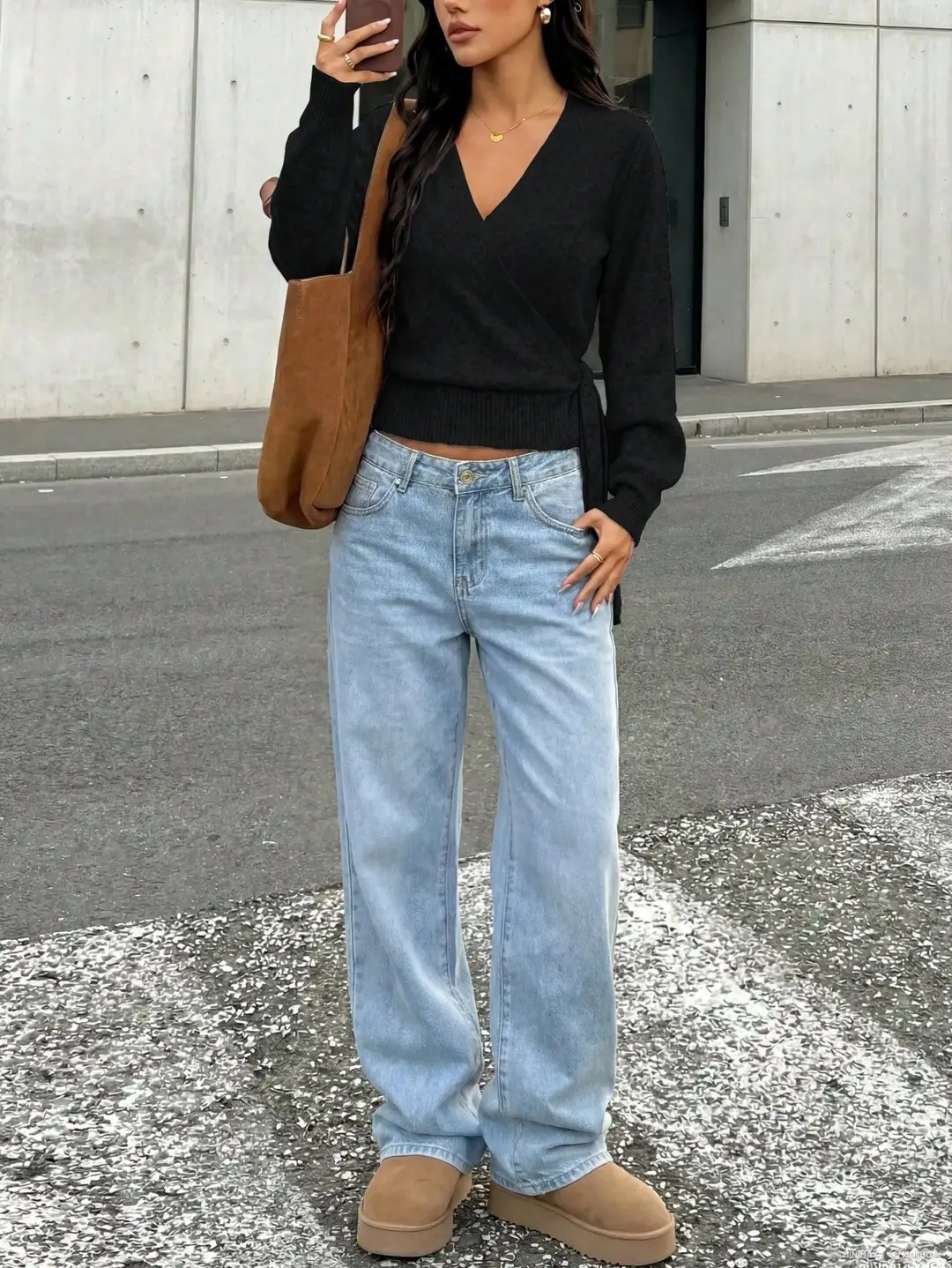 Cross-border women's European and American style cross V-neck slim-fit base knit top, autumn and winter tie-waist short slimming top — feature 32