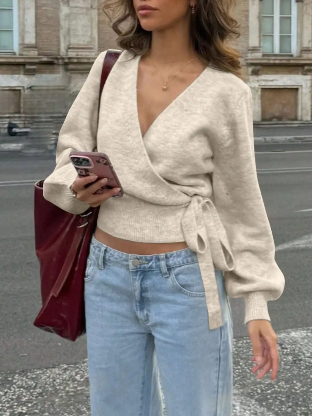 Cross-border women's European and American style cross V-neck slim-fit base knit top, autumn and winter tie-waist short slimming top