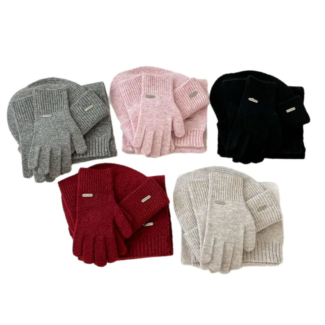 2026 New Wool Blend Knitted Hat, Scarf, and Gloves Three-Piece Set for Men and Women, Winter Warmth and Cold Protection, Touchscreen Compatible
