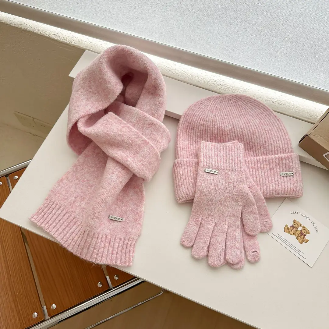 2026 New Wool Blend Knitted Hat, Scarf, and Gloves Three-Piece Set for Men and Women, Winter Warmth and Cold Protection, Touchscreen Compatible