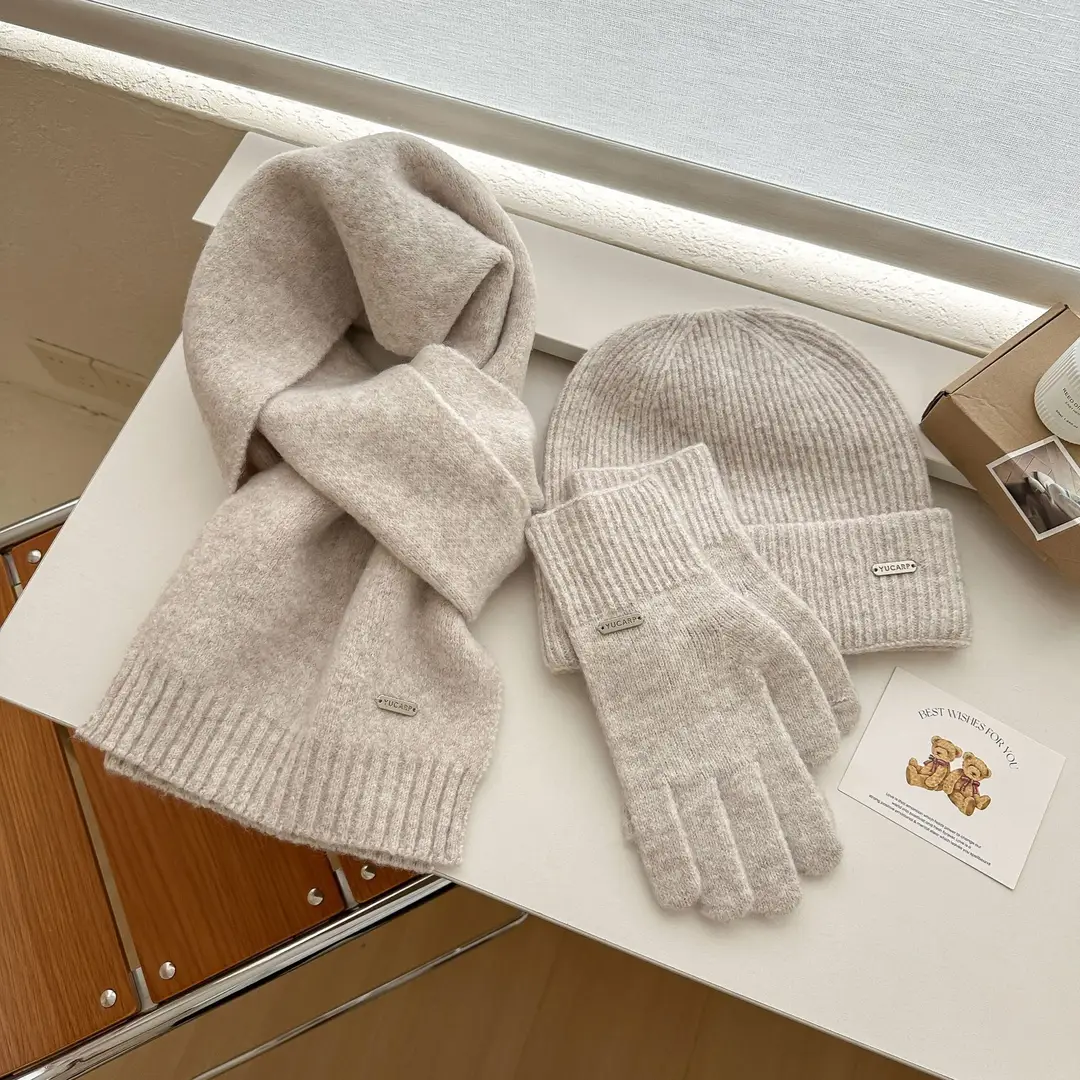 2026 New Wool Blend Knitted Hat, Scarf, and Gloves Three-Piece Set for Men and Women, Winter Warmth and Cold Protection, Touchscreen Compatible