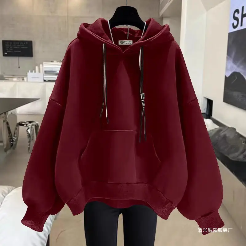New autumn and winter design for plus-size girls, unique hooded sweatshirt for women, fleece-lined, thickened, large size, loose fit, versatile top for women