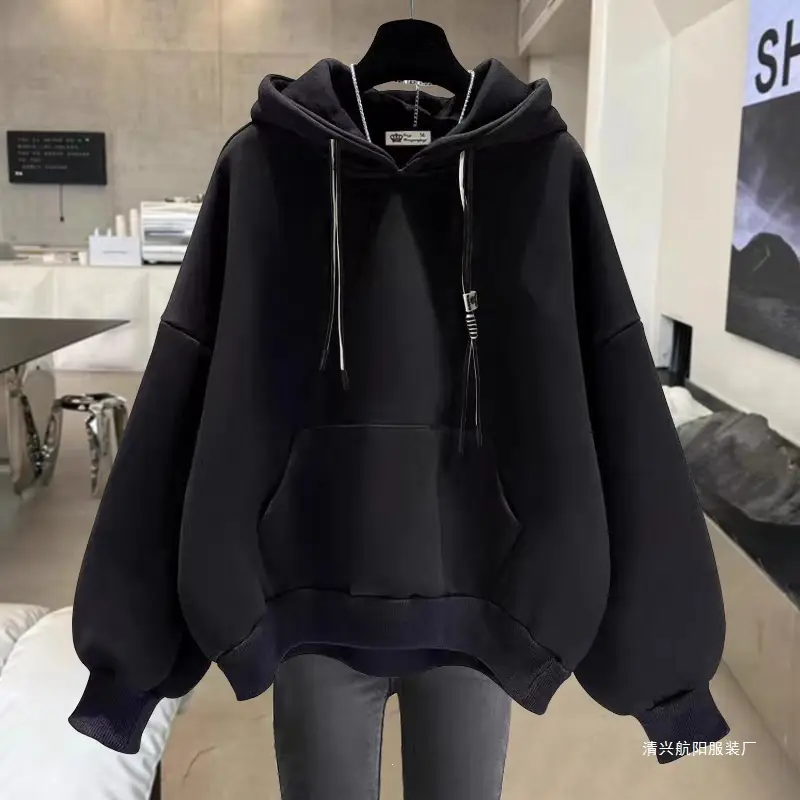 New autumn and winter design for plus-size girls, unique hooded sweatshirt for women, fleece-lined, thickened, large size, loose fit, versatile top for women
