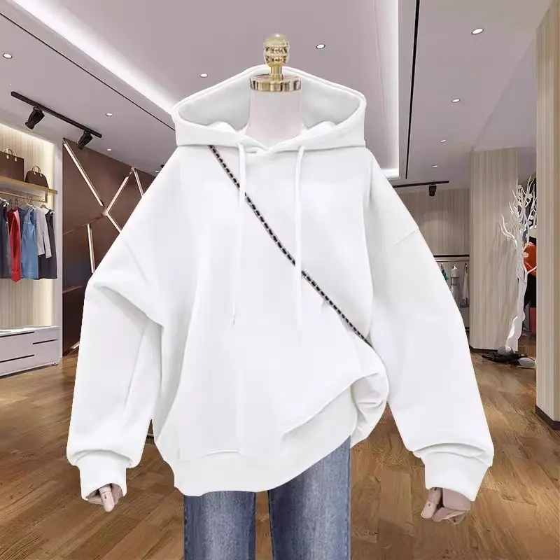 New autumn and winter design for plus-size girls, unique hooded sweatshirt for women, fleece-lined, thickened, large size, loose fit, versatile top for women