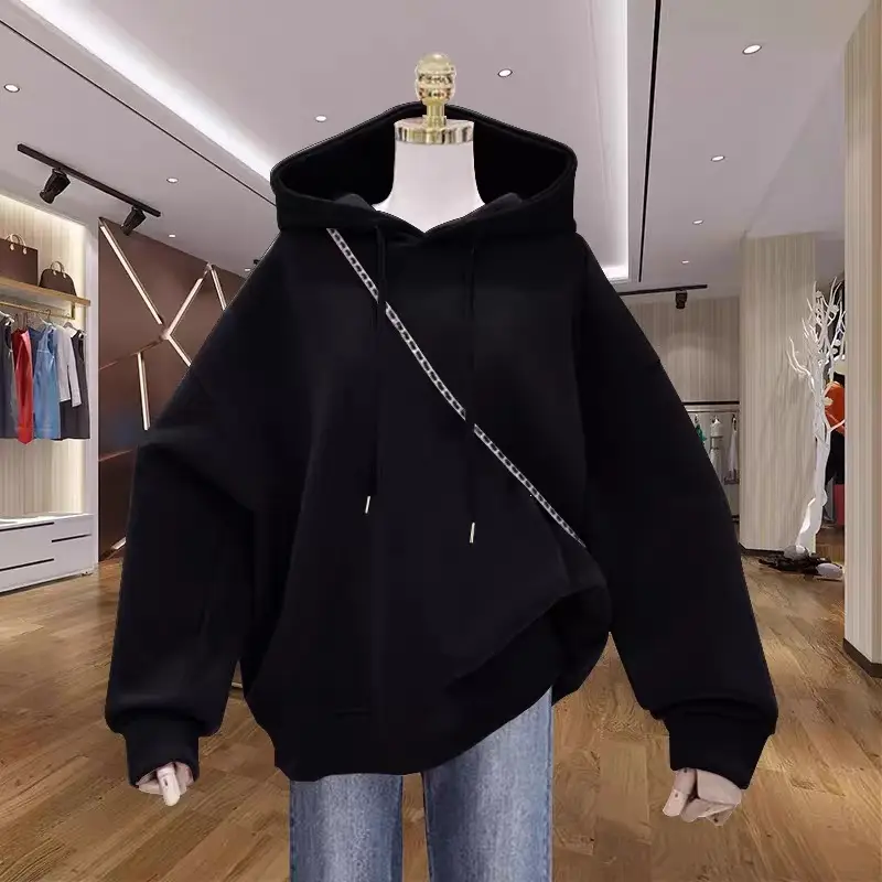 New autumn and winter design for plus-size girls, unique hooded sweatshirt for women, fleece-lined, thickened, large size, loose fit, versatile top for women