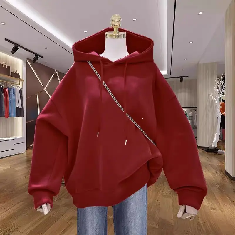 New autumn and winter design for plus-size girls, unique hooded sweatshirt for women, fleece-lined, thickened, large size, loose fit, versatile top for women