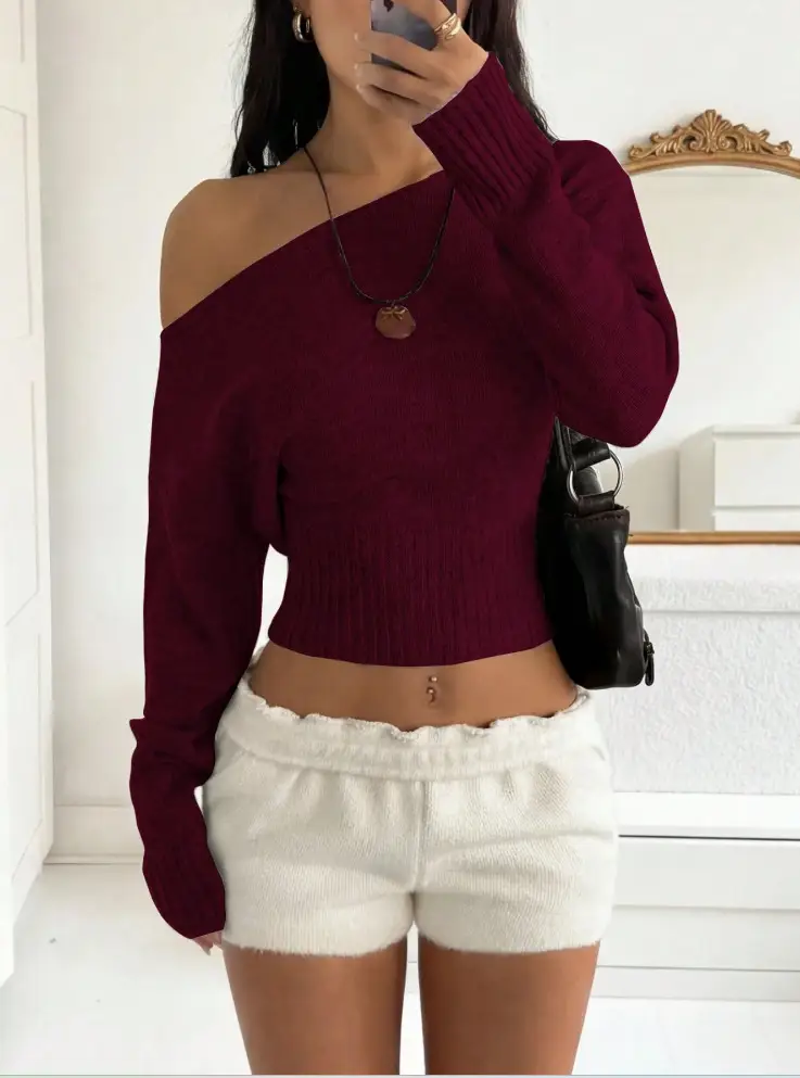 2026 new European and American style off-the-shoulder knit top for women, featuring a cropped design, perfect for autumn and winter, with a relaxed and chic vibe