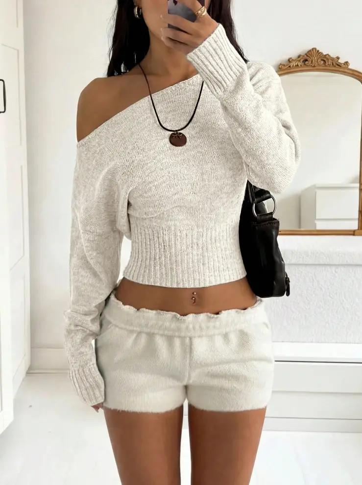 2026 new European and American style off-the-shoulder knit top for women, featuring a cropped design, perfect for autumn and winter, with a relaxed and chic vibe — feature 10