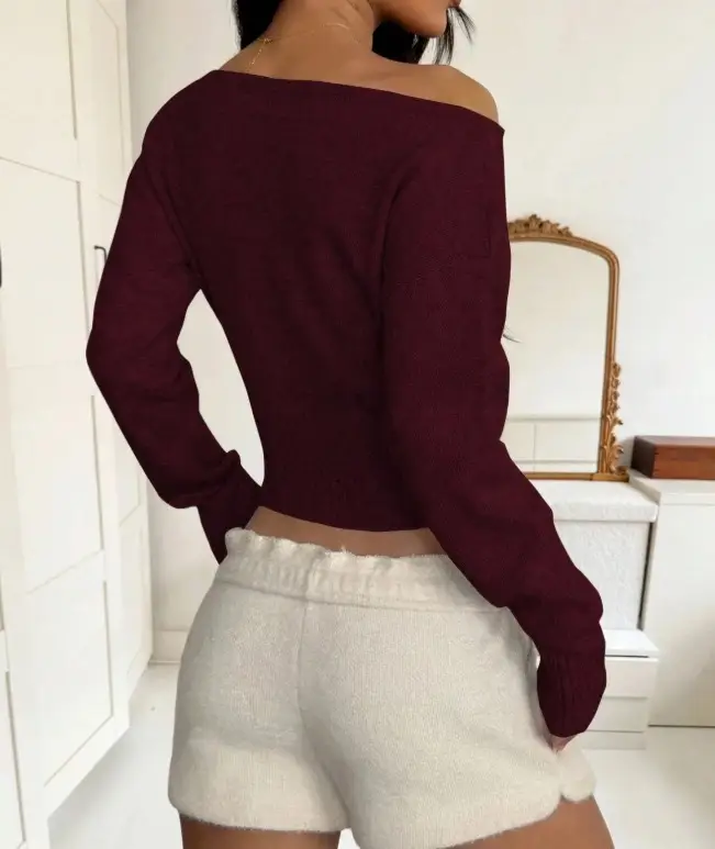 2026 new European and American style off-the-shoulder knit top for women, featuring a cropped design, perfect for autumn and winter, with a relaxed and chic vibe — feature 7