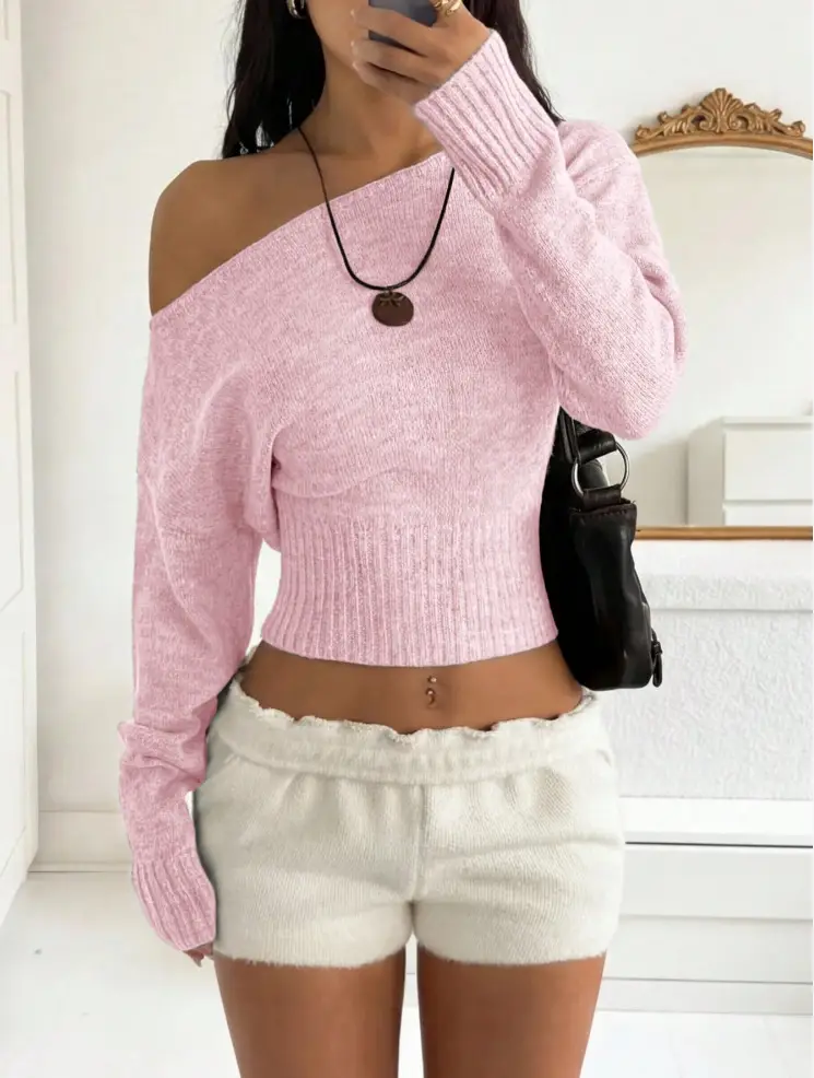 2026 new European and American style off-the-shoulder knit top for women, featuring a cropped design, perfect for autumn and winter, with a relaxed and chic vibe — feature 9