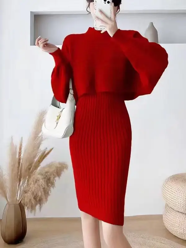 Cross-border women's clothing set, new autumn and winter Korean-style loose sweater top two-piece set with knitted suspender dress - Image 10