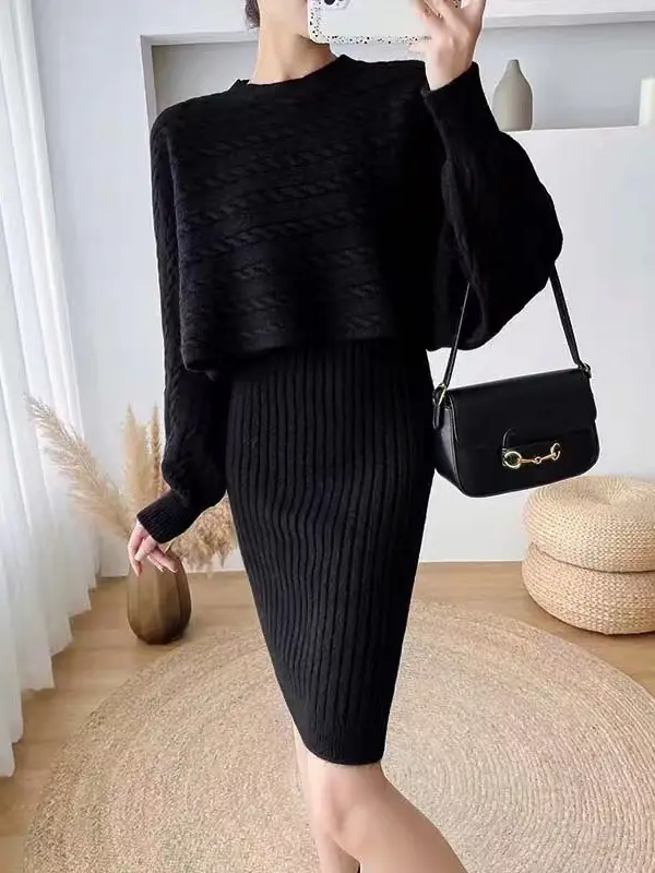 Cross-border women's clothing set, new autumn and winter Korean-style loose sweater top two-piece set with knitted suspender dress - Image 11