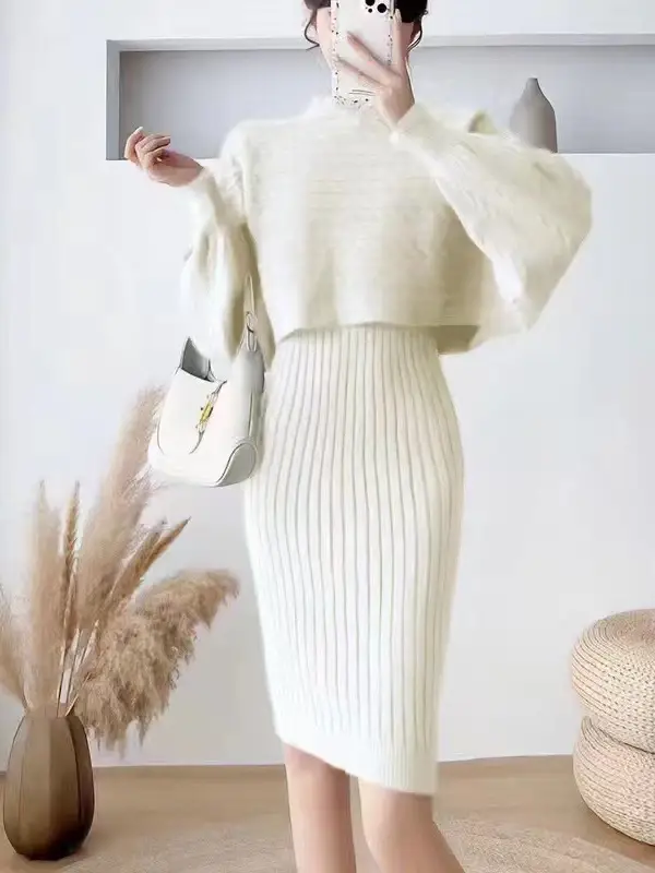 Cross-border women's clothing set, new autumn and winter Korean-style loose sweater top two-piece set with knitted suspender dress - Image 12