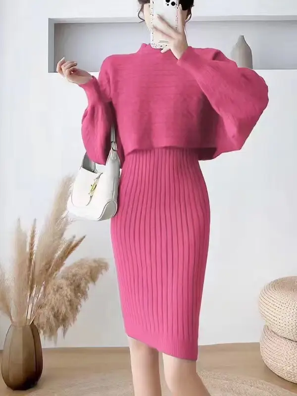 Cross-border women's clothing set, new autumn and winter Korean-style loose sweater top two-piece set with knitted suspender dress - Image 13