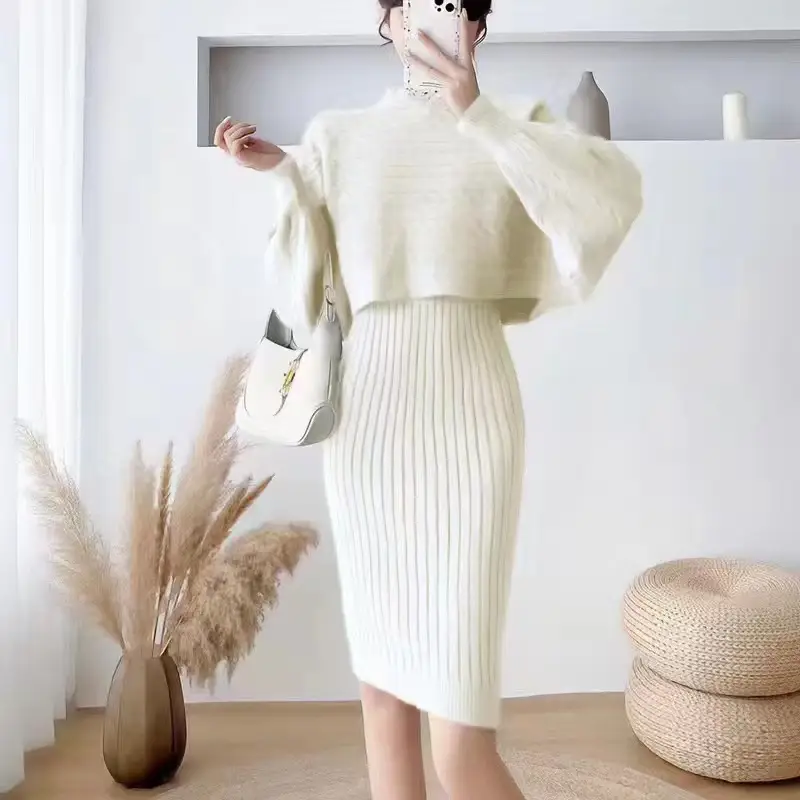 Cross-border women's clothing set, new autumn and winter Korean-style loose sweater top two-piece set with knitted suspender dress — feature 3