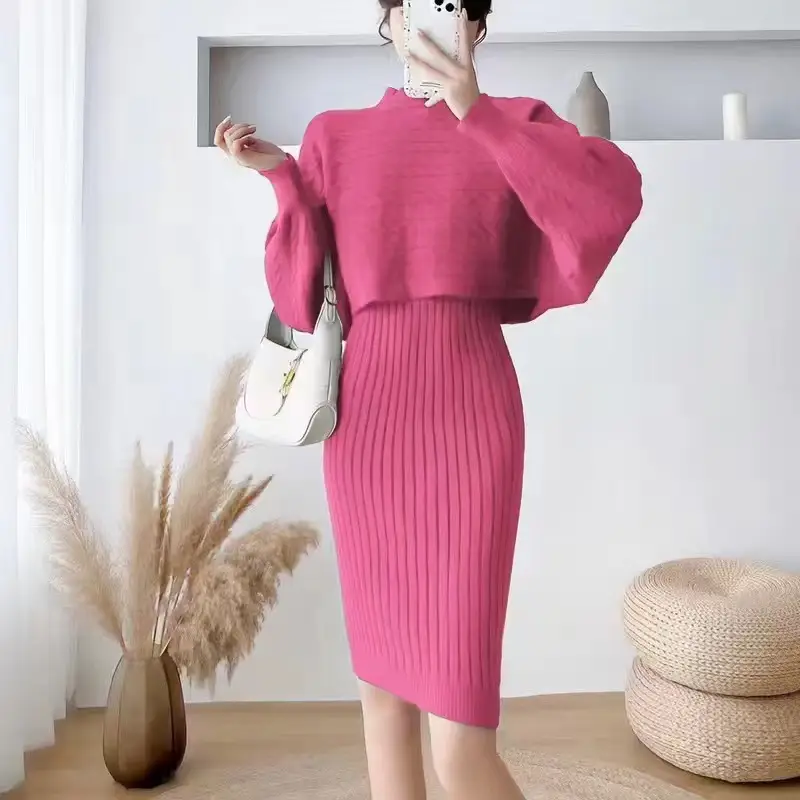 Cross-border women's clothing set, new autumn and winter Korean-style loose sweater top two-piece set with knitted suspender dress — feature 6