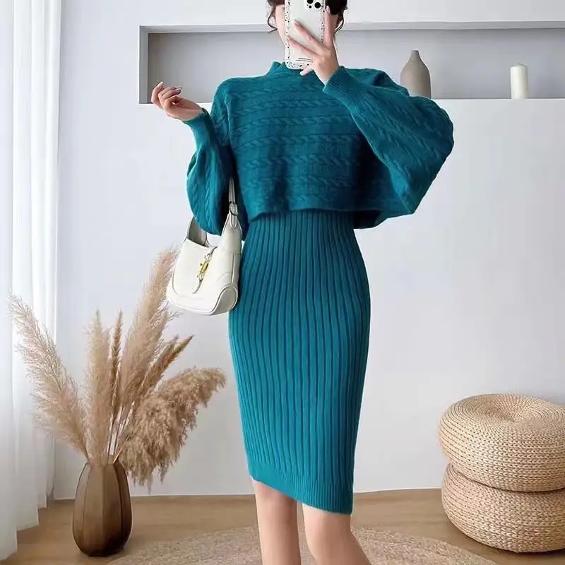 Cross-border women's clothing set, new autumn and winter Korean-style loose sweater top two-piece set with knitted suspender dress — feature 7