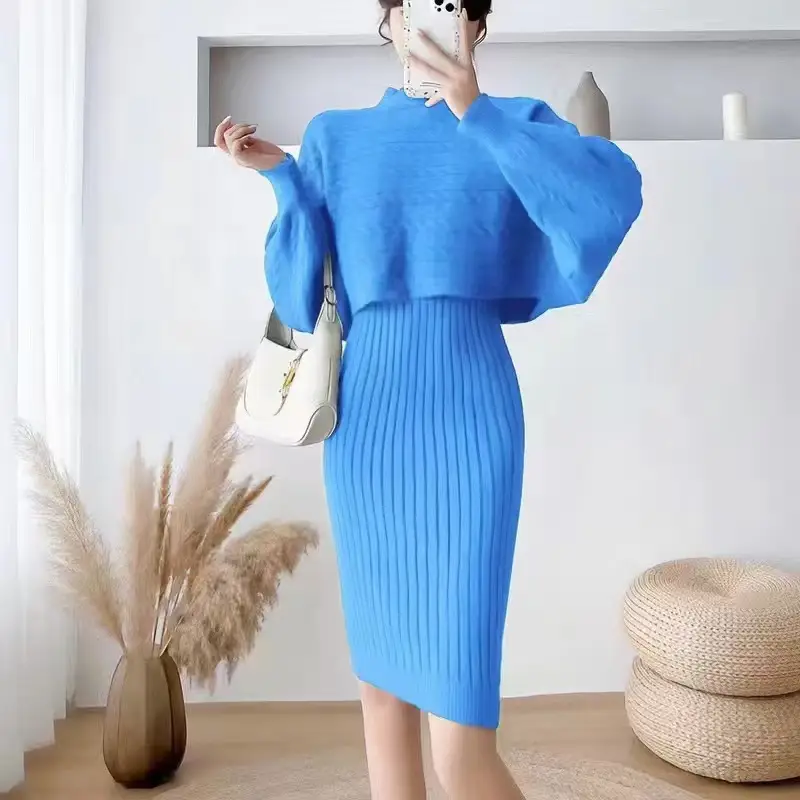 Cross-border women's clothing set, new autumn and winter Korean-style loose sweater top two-piece set with knitted suspender dress — feature 8