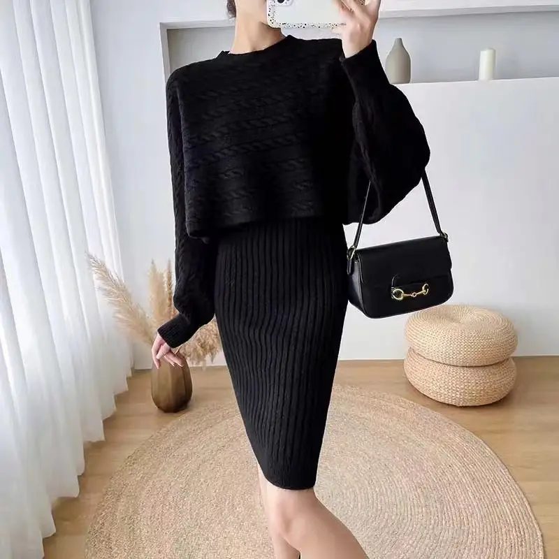 Cross-border women's clothing set, new autumn and winter Korean-style loose sweater top two-piece set with knitted suspender dress - Image 2