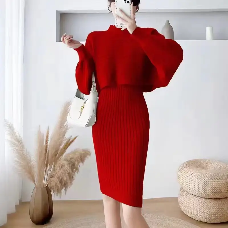Cross-border women's clothing set, new autumn and winter Korean-style loose sweater top two-piece set with knitted suspender dress - Image 3