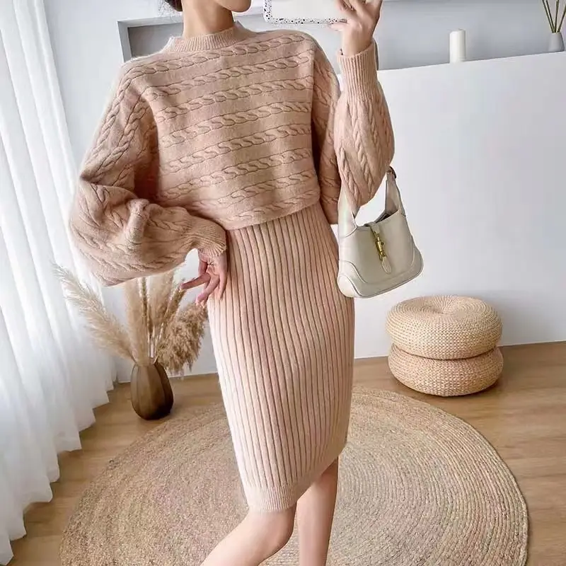 Cross-border women's clothing set, new autumn and winter Korean-style loose sweater top two-piece set with knitted suspender dress - Image 7