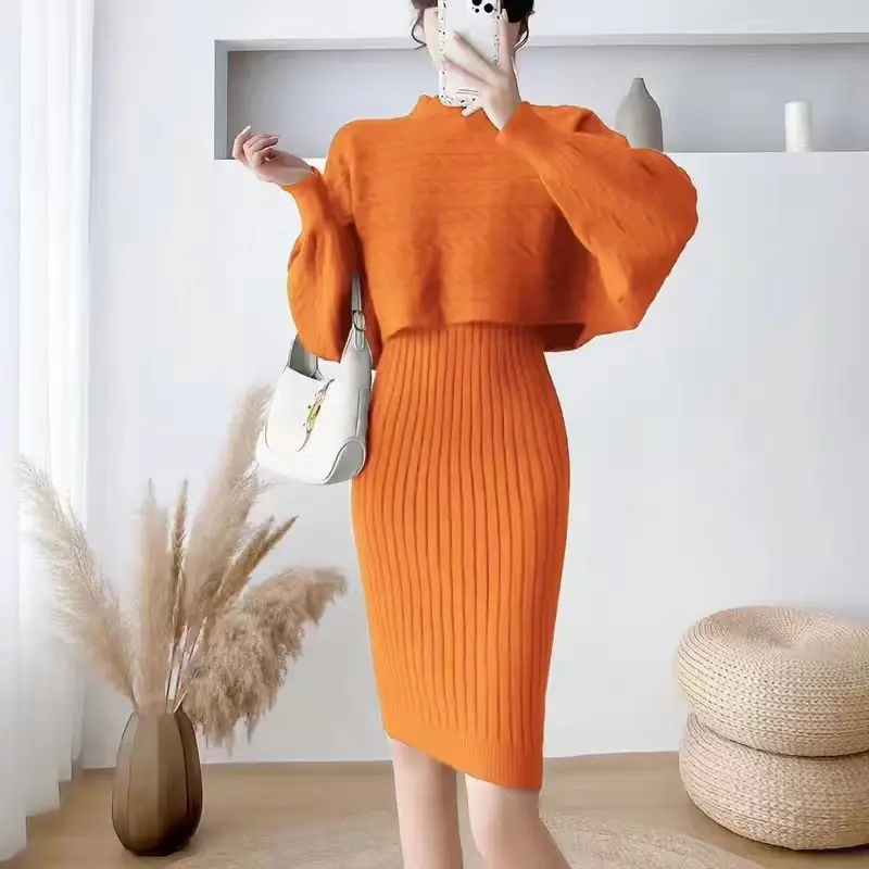 Cross-border women's clothing set, new autumn and winter Korean-style loose sweater top two-piece set with knitted suspender dress - Image 8