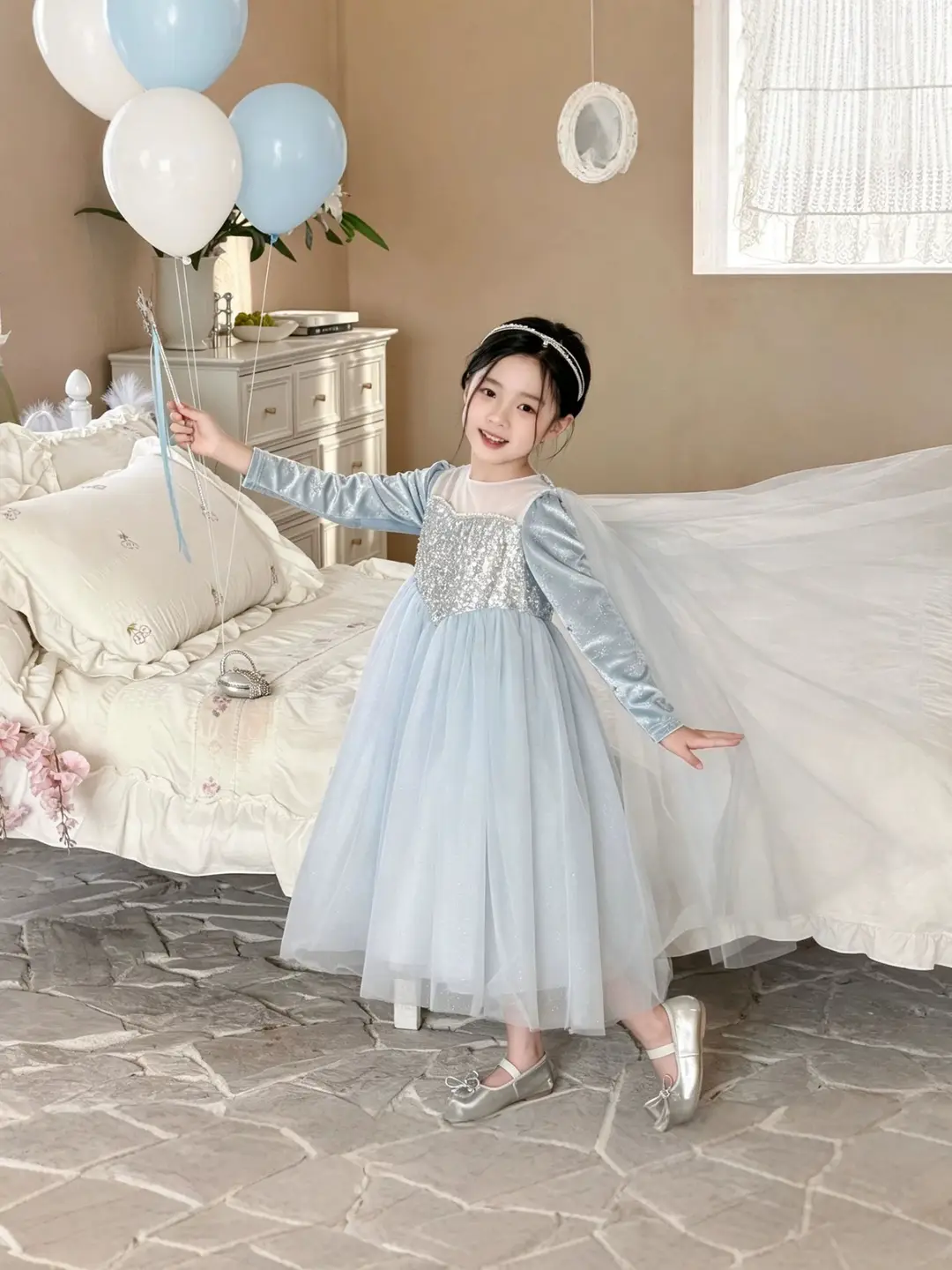 26 Autumn New Elsa Princess Dress for Girls, Mesh Dress with Shawl, Stylish Frozen-themed Birthday Gown