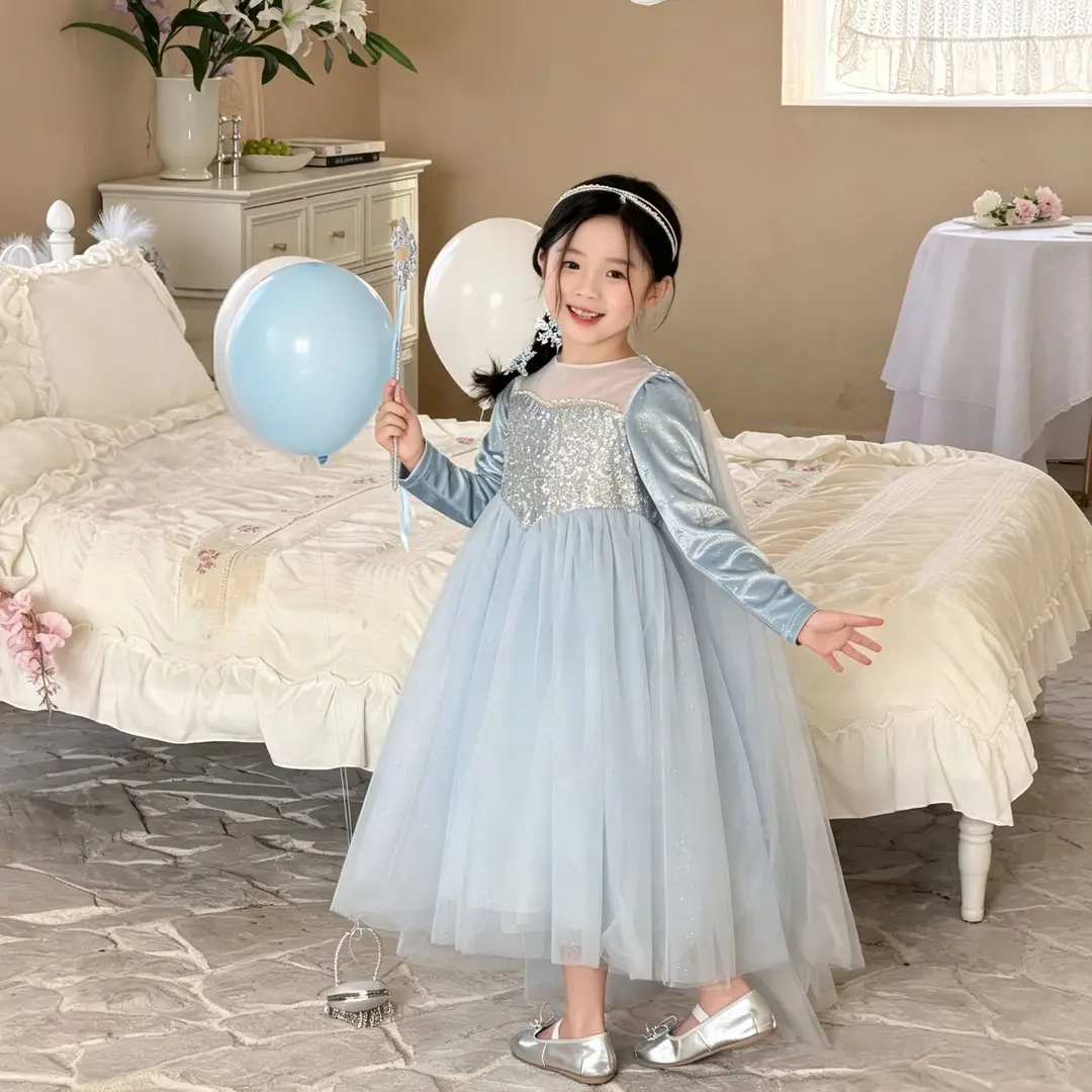 26 Autumn New Elsa Princess Dress for Girls, Mesh Dress with Shawl, Stylish Frozen-themed Birthday Gown — feature 1