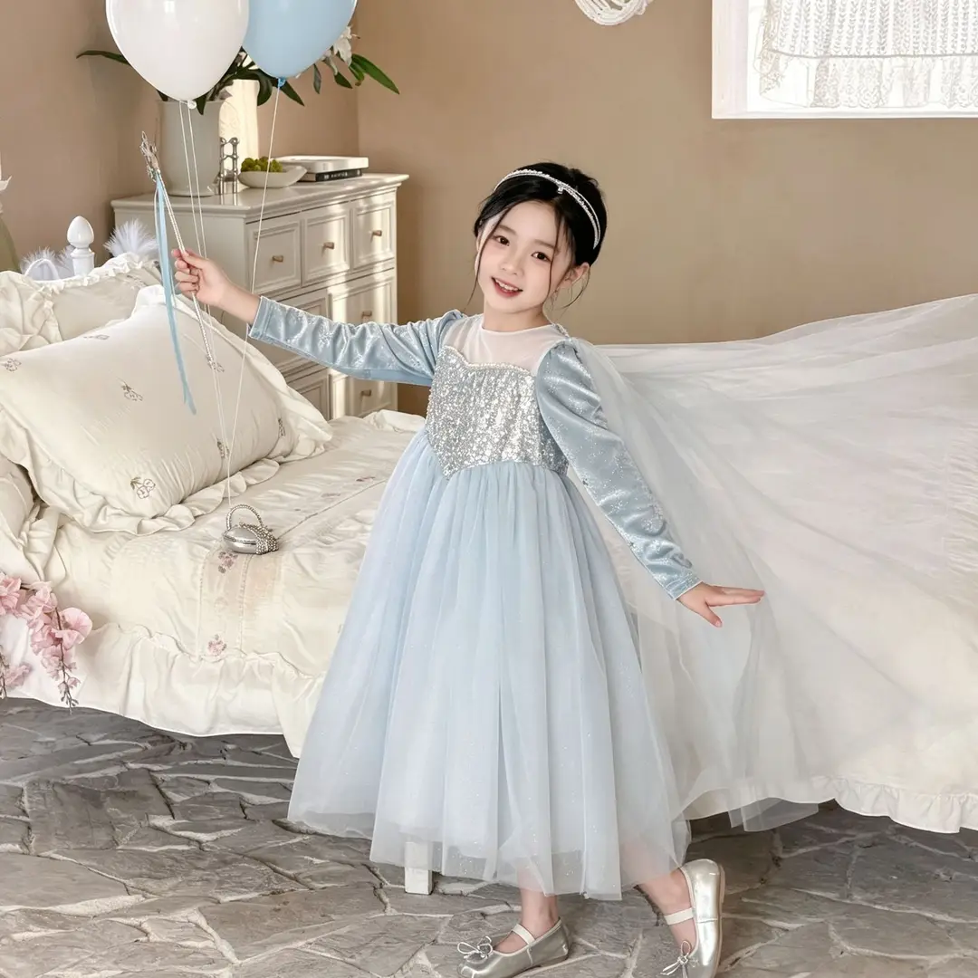 26 Autumn New Elsa Princess Dress for Girls, Mesh Dress with Shawl, Stylish Frozen-themed Birthday Gown — feature 27