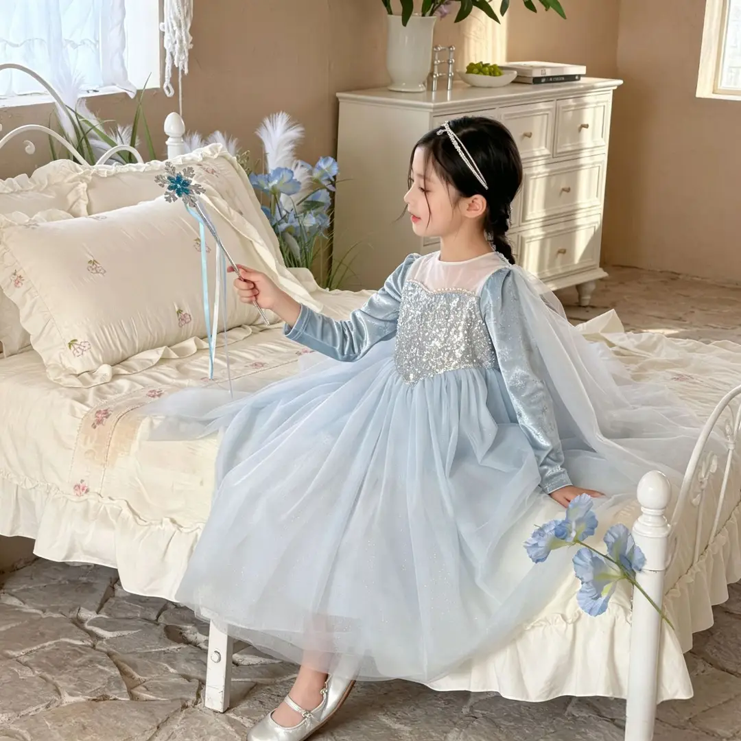 26 Autumn New Elsa Princess Dress for Girls, Mesh Dress with Shawl, Stylish Frozen-themed Birthday Gown — feature 28