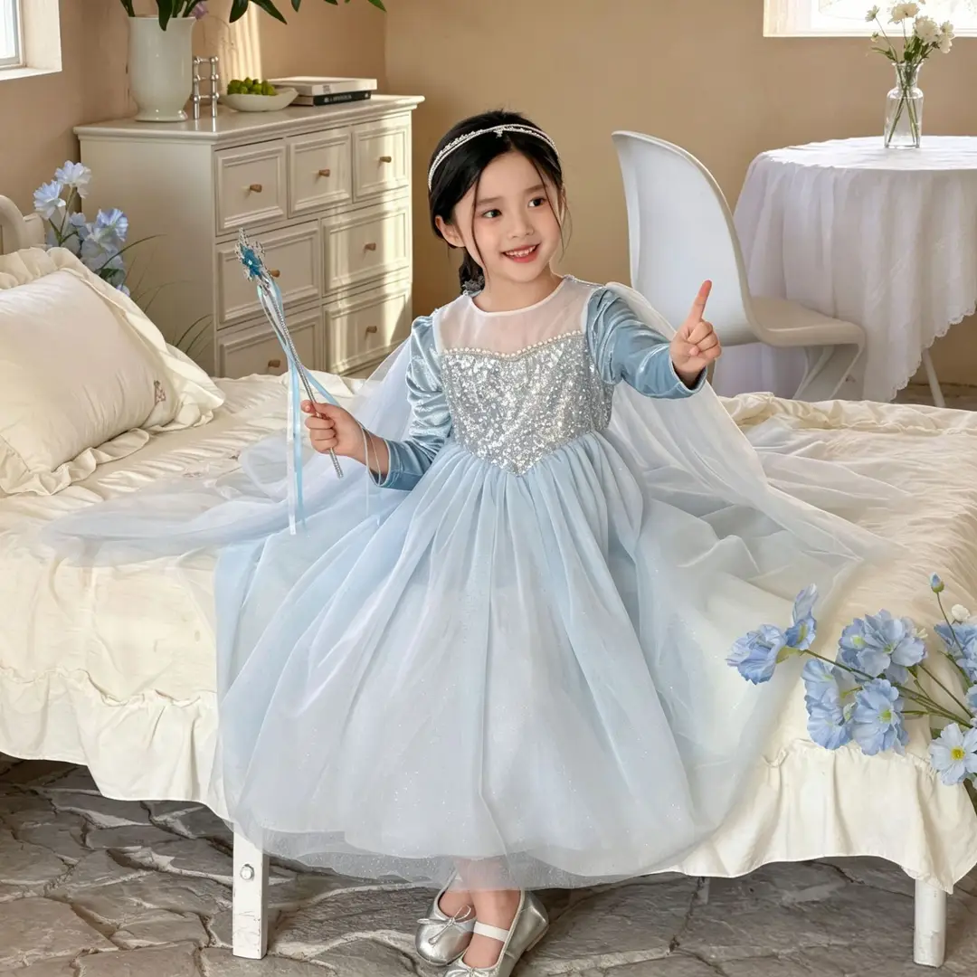 26 Autumn New Elsa Princess Dress for Girls, Mesh Dress with Shawl, Stylish Frozen-themed Birthday Gown — feature 3