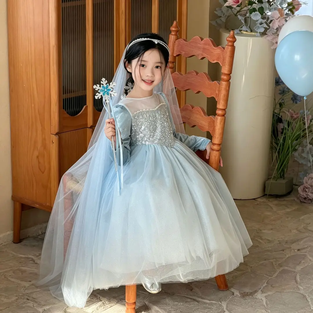 26 Autumn New Elsa Princess Dress for Girls, Mesh Dress with Shawl, Stylish Frozen-themed Birthday Gown — feature 30