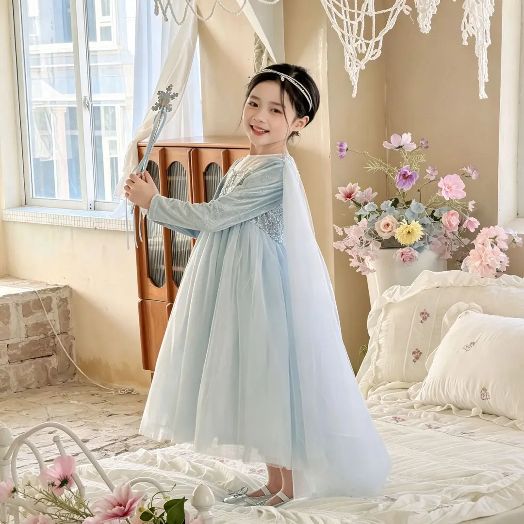 26 Autumn New Elsa Princess Dress for Girls, Mesh Dress with Shawl, Stylish Frozen-themed Birthday Gown — feature 5