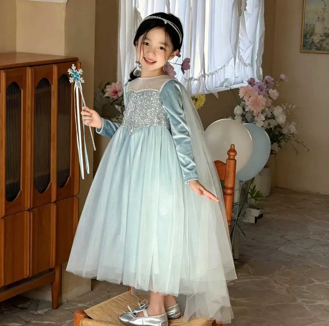 26 Autumn New Elsa Princess Dress for Girls, Mesh Dress with Shawl, Stylish Frozen-themed Birthday Gown — feature 6