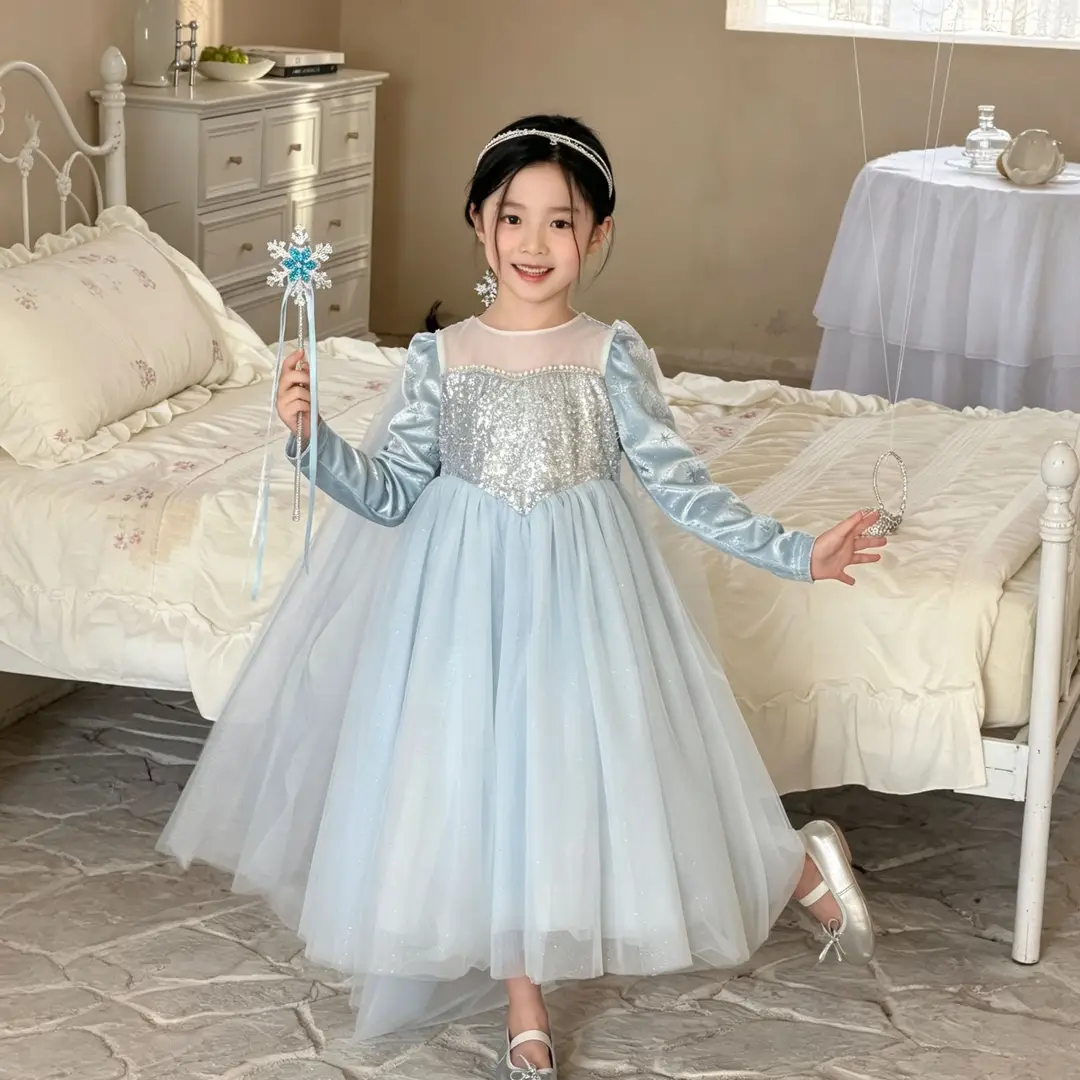 26 Autumn New Elsa Princess Dress for Girls, Mesh Dress with Shawl, Stylish Frozen-themed Birthday Gown — feature 7