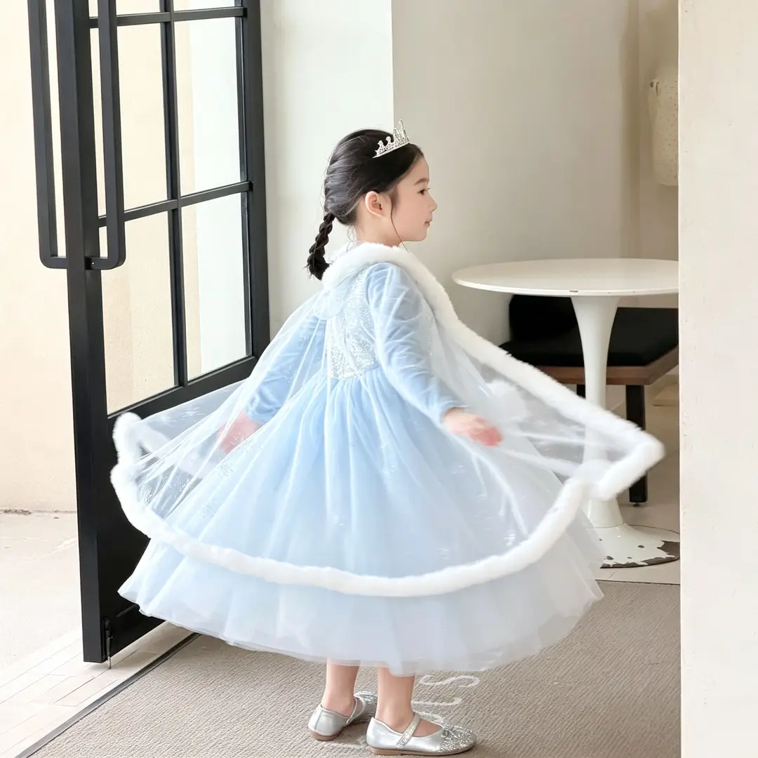 26 Autumn New Elsa Princess Dress for Girls, Mesh Dress with Shawl, Stylish Frozen-themed Birthday Gown — feature 8