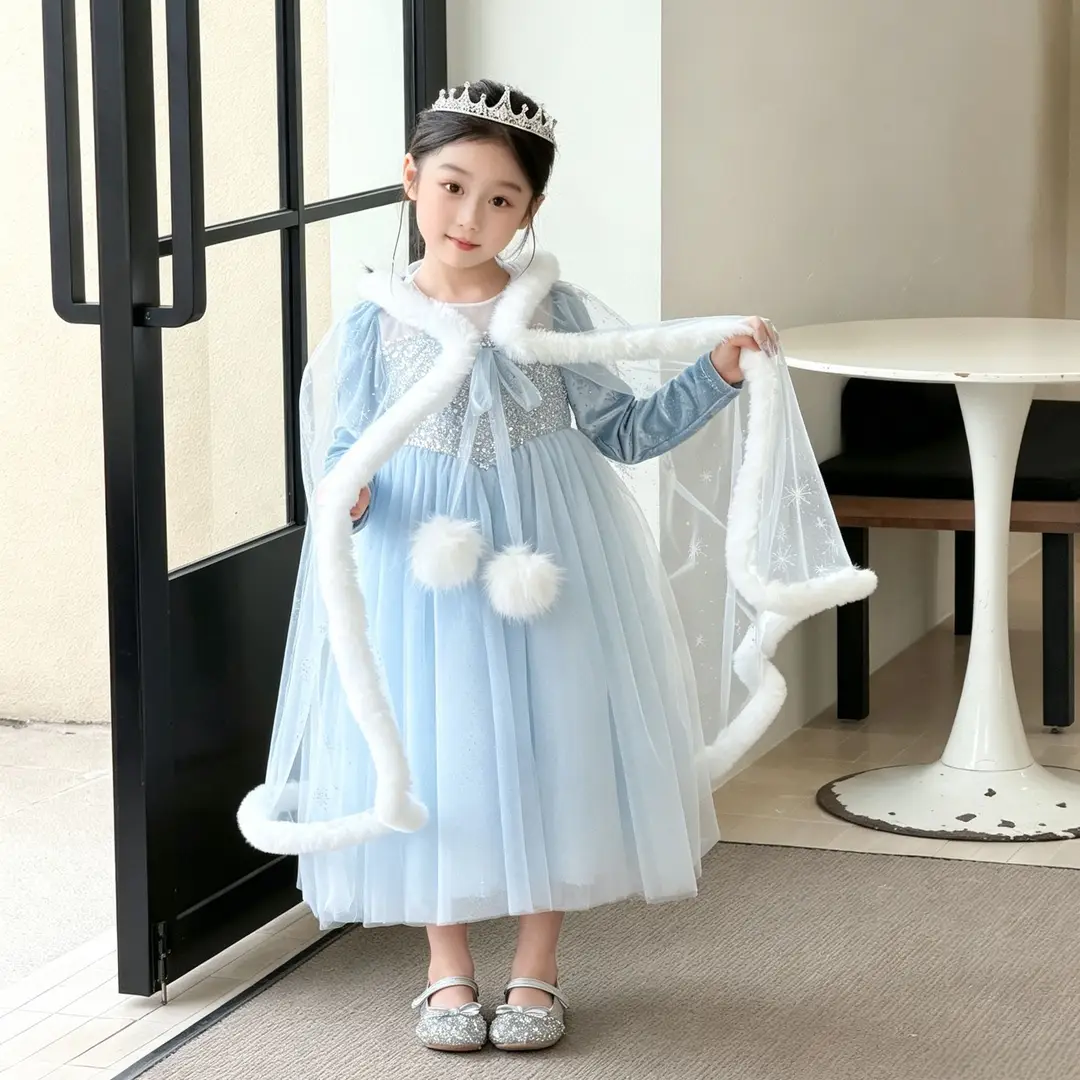 26 Autumn New Elsa Princess Dress for Girls, Mesh Dress with Shawl, Stylish Frozen-themed Birthday Gown — feature 9
